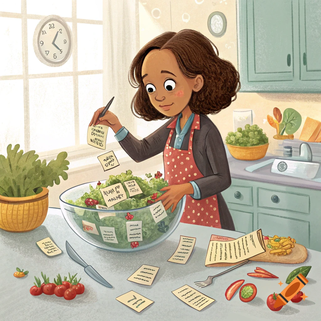 Cartoon illustration of a woman in a kitchen adding slips of paper with gibberish text to a salad.