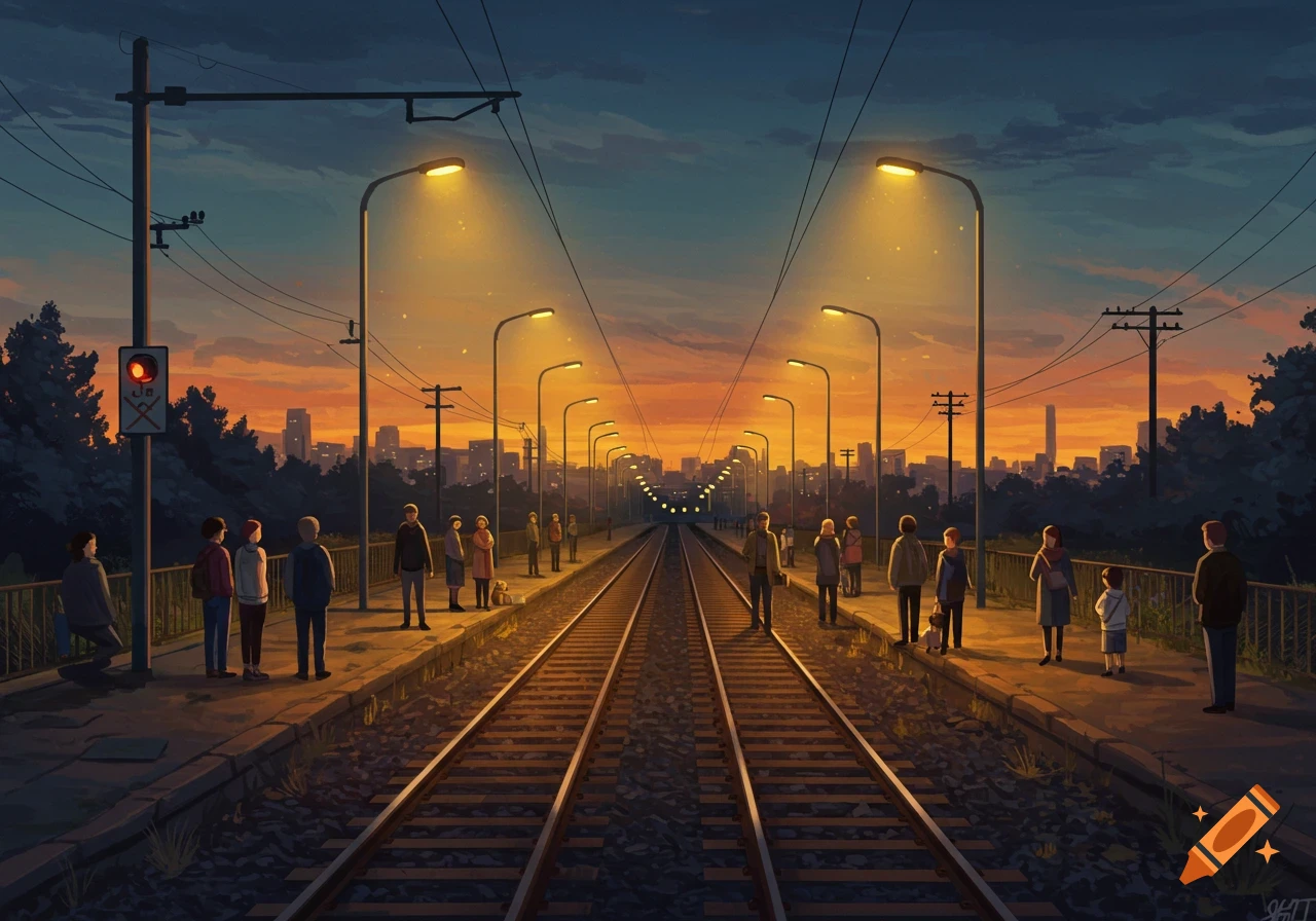 People wait on a train station platform at sunset with tracks, streetlights, and a city skyline in digital art style.
