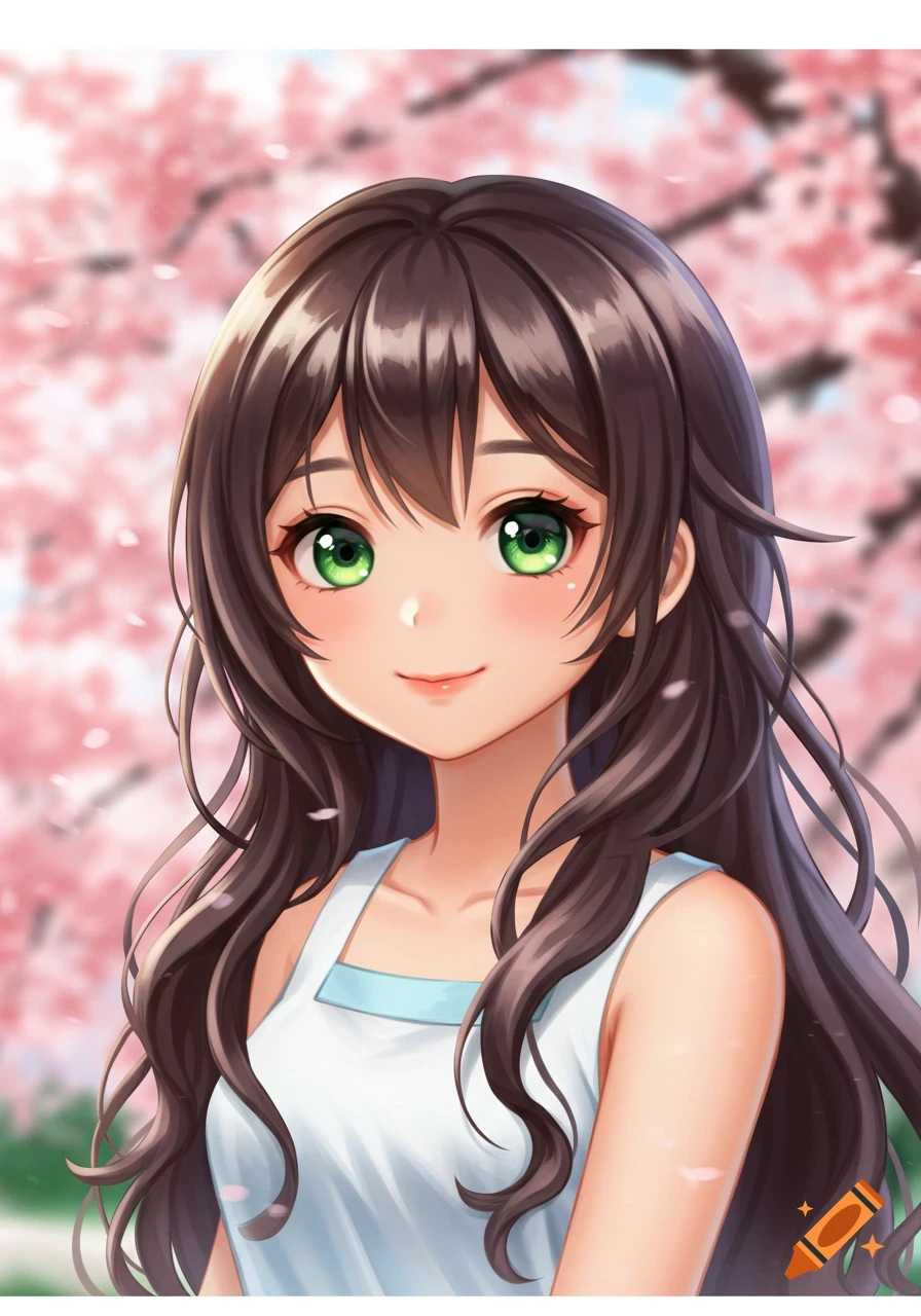 A cute anime girl with long brown hair and green eyes smiles in front of pink cherry blossoms.