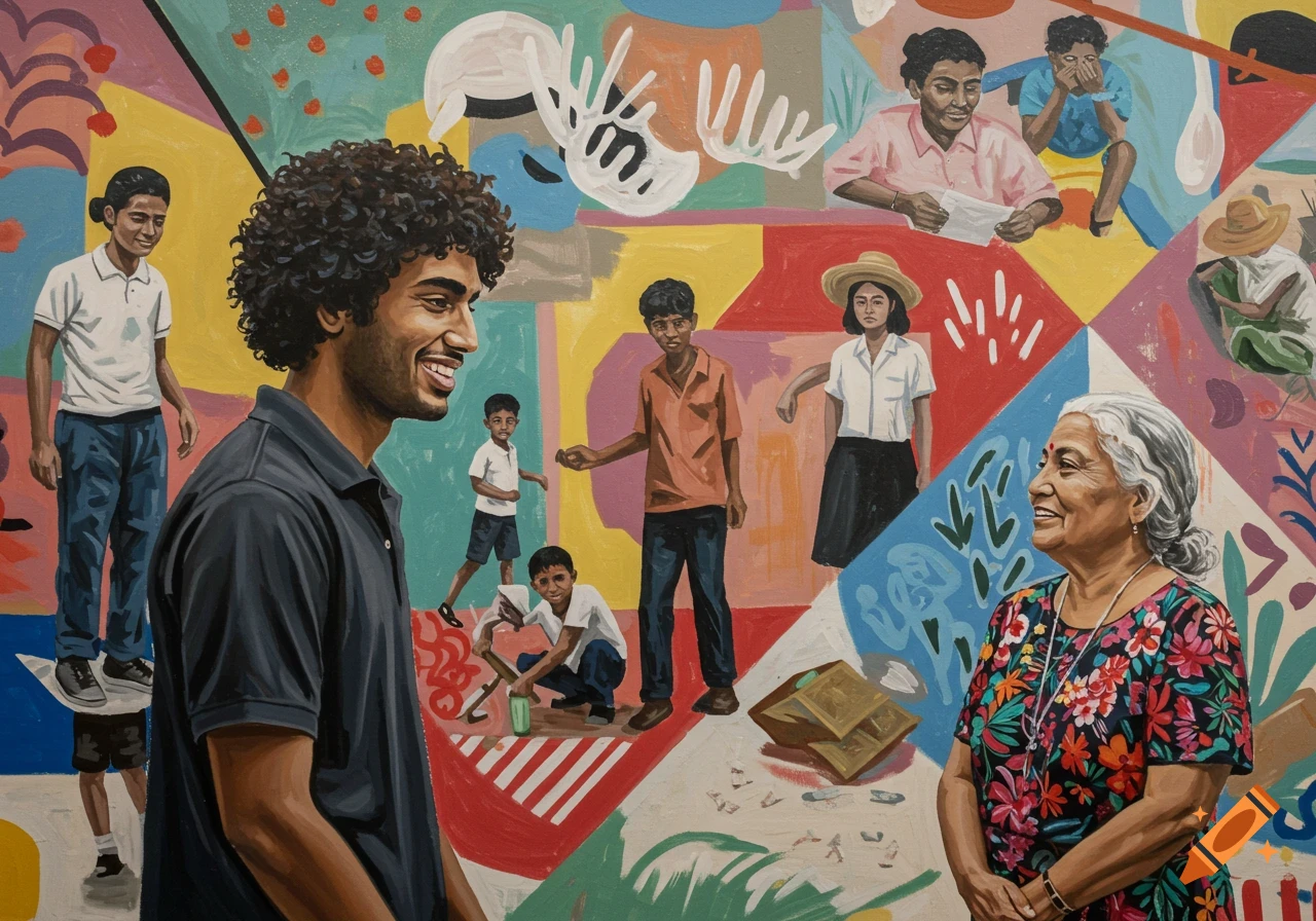 Colorful mural painting depicting diverse people in a community setting