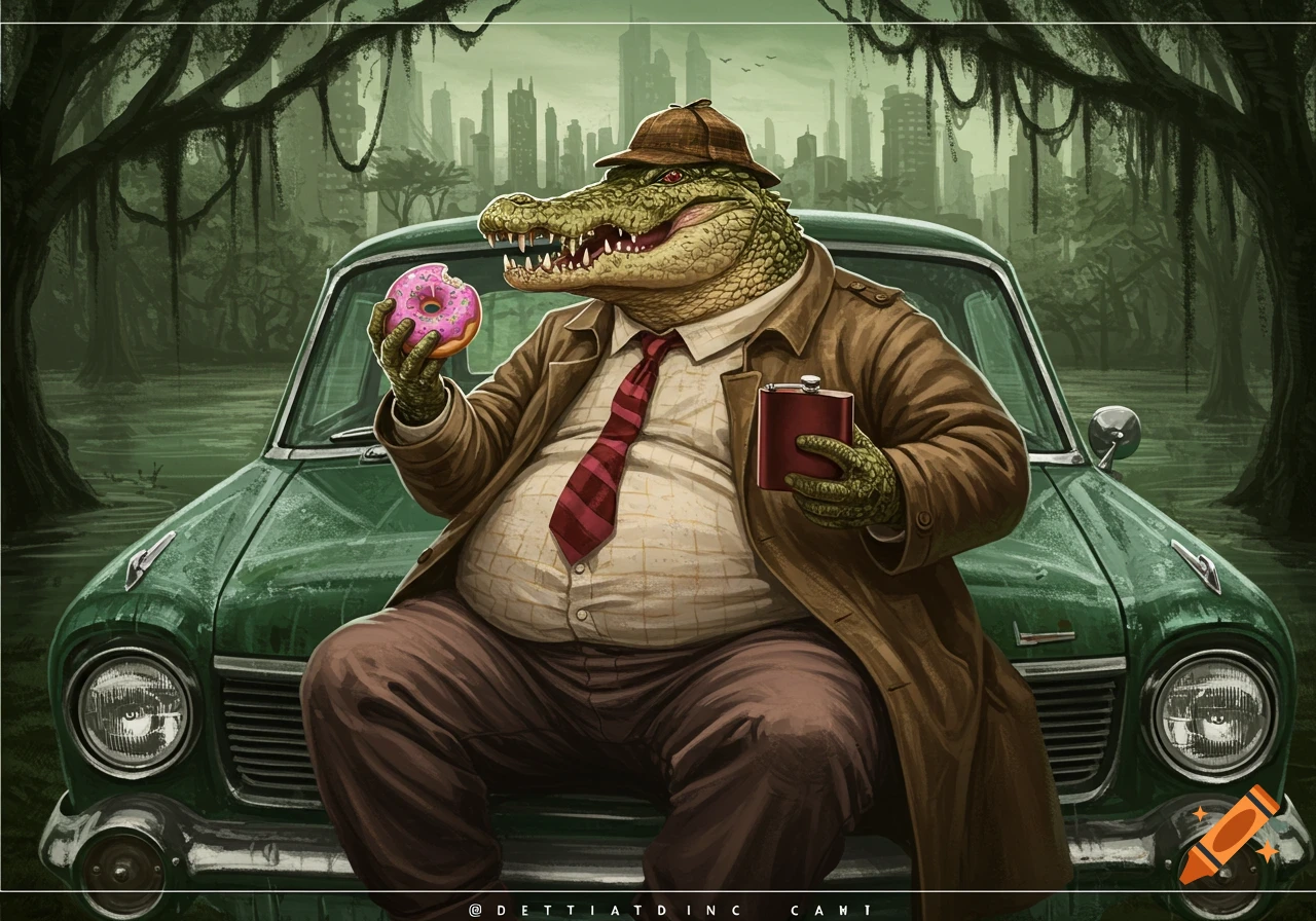 An anthropomorphic alligator dressed as a detective sits on an old green car, holding a donut and flask in a swampy city.