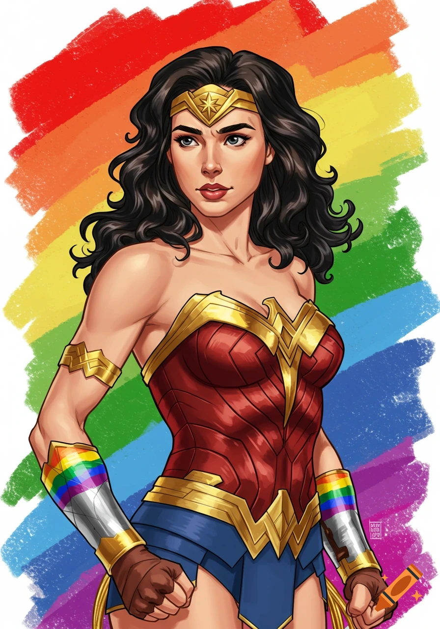 Illustration of Wonder Woman with rainbow flag background and bracers, holding her lasso.
