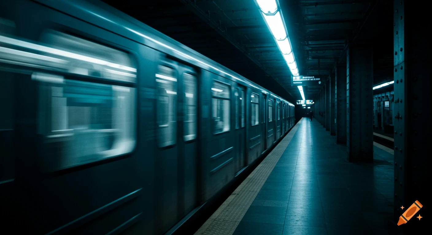 Subway train speeds through a dark station platform with blue and green lighting in a long exposure shot.