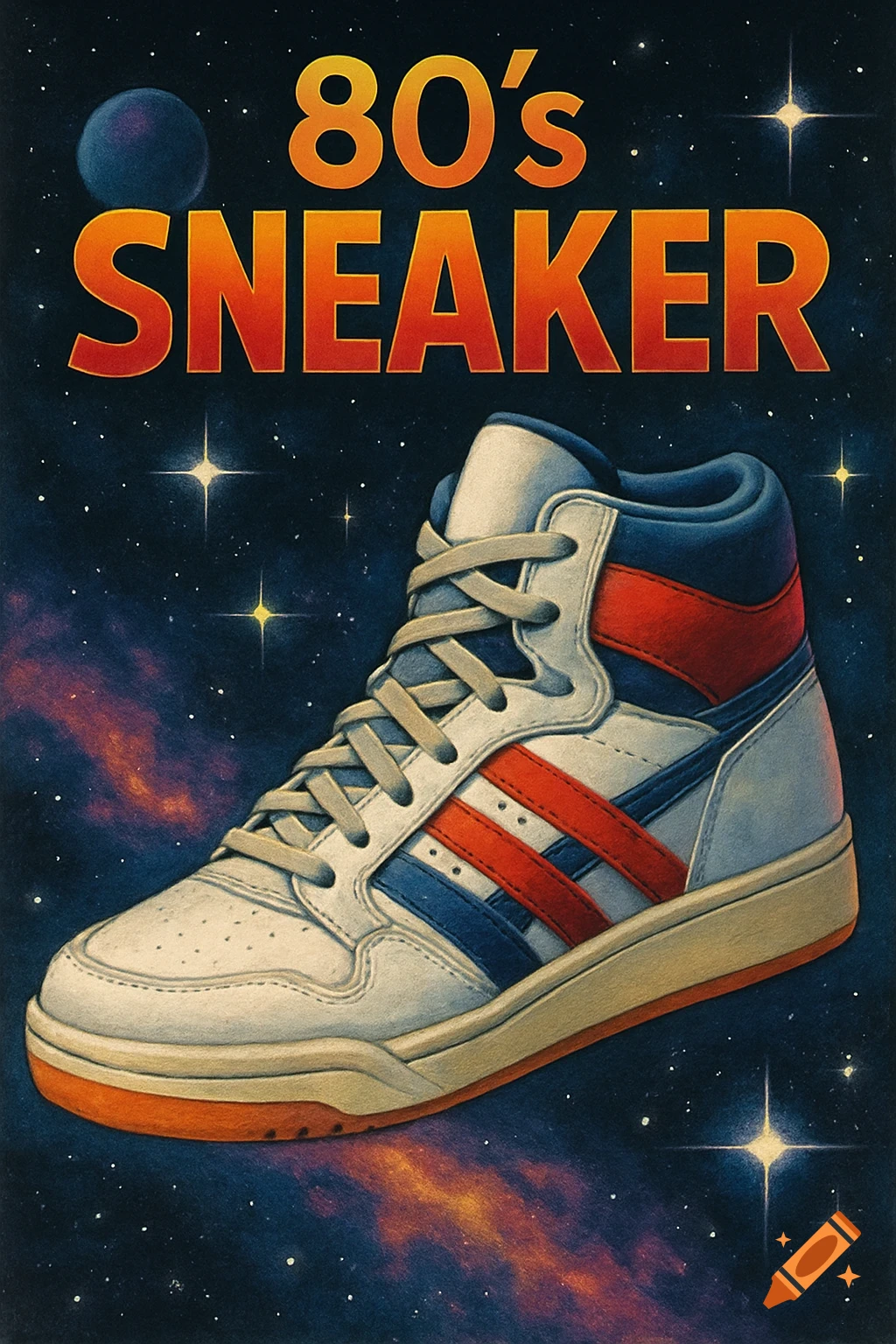 Retro 80s sneaker floating in space with '80'S SNEAKER' text.