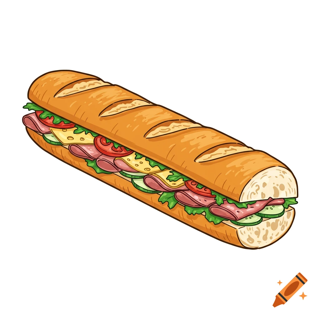 Vector illustration of a long sandwich on a baguette filled with meat, cheese, and vegetables.