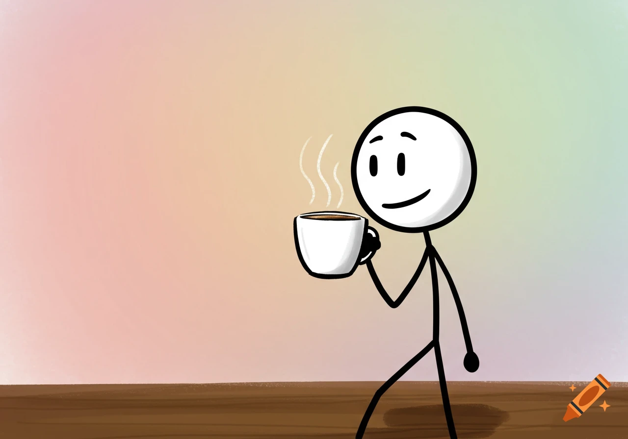 Stick figure drinks a steaming cup of coffee.