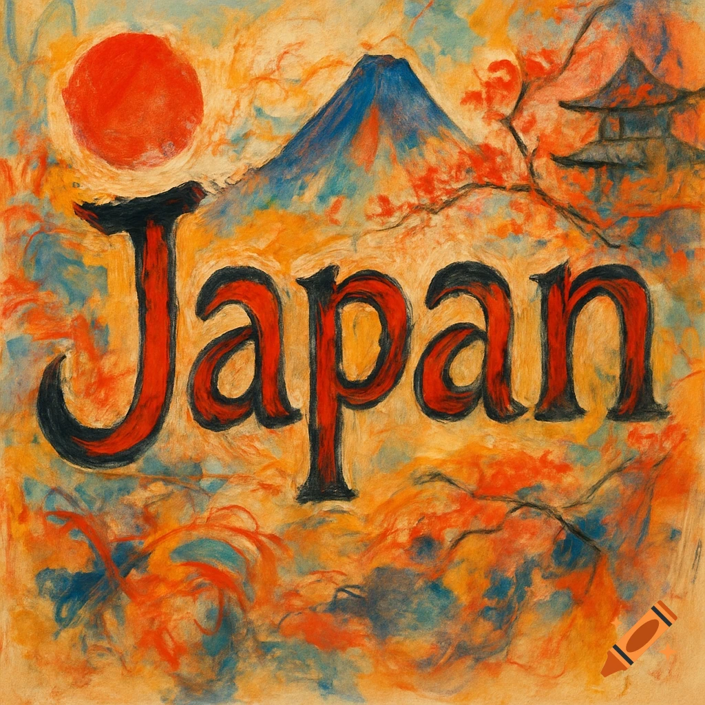 Artistic painting of the word Japan with Mount Fuji, red sun, and pagoda.