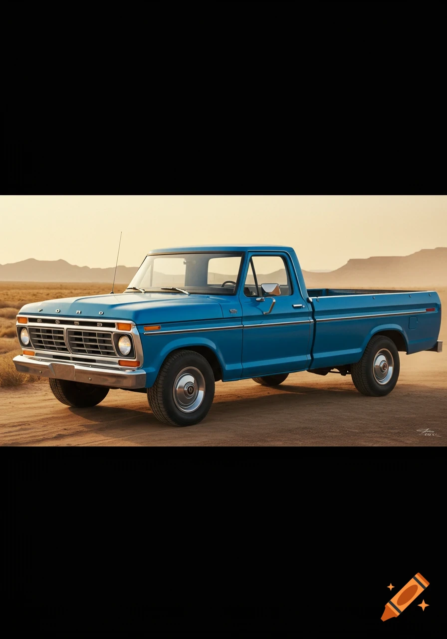 Blue 1974 Ford F-100 pickup truck parked in a desert landscape.