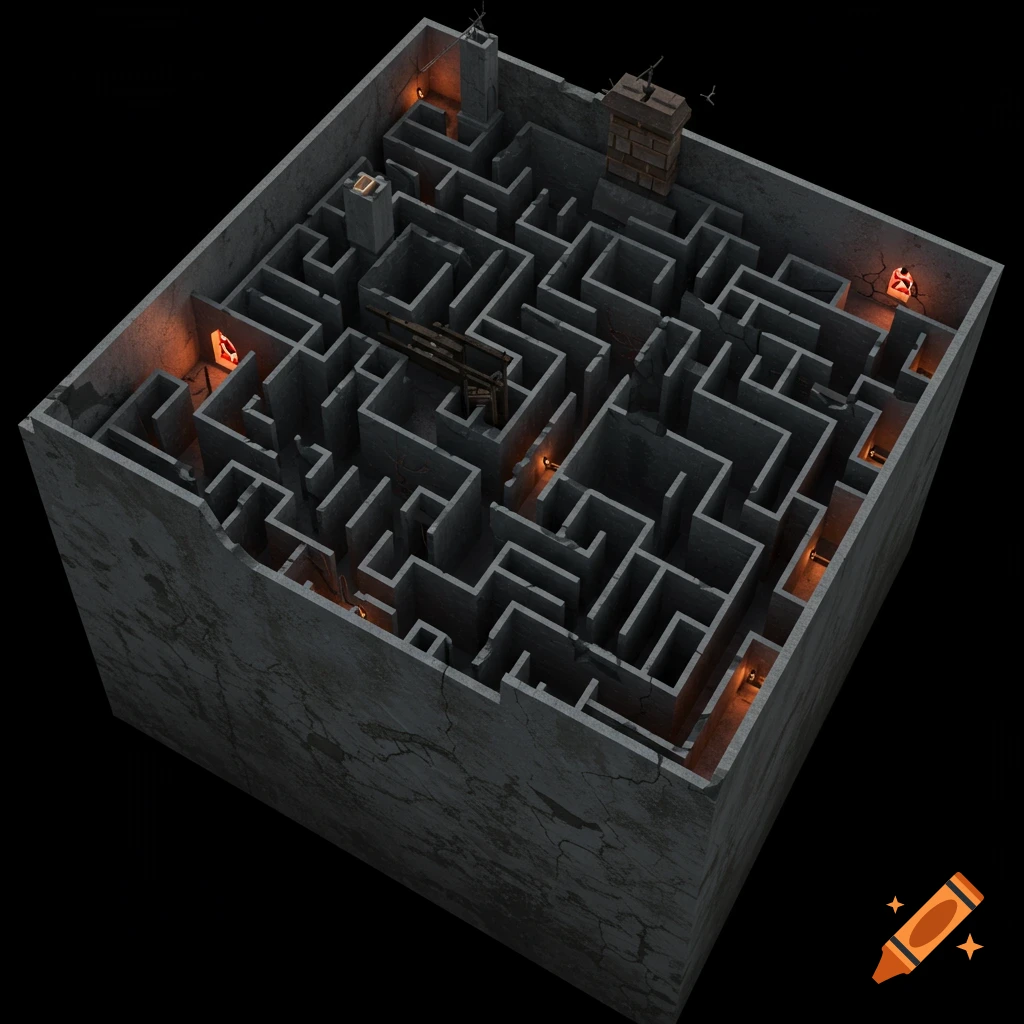 Overhead view of a detailed concrete maze with orange lights