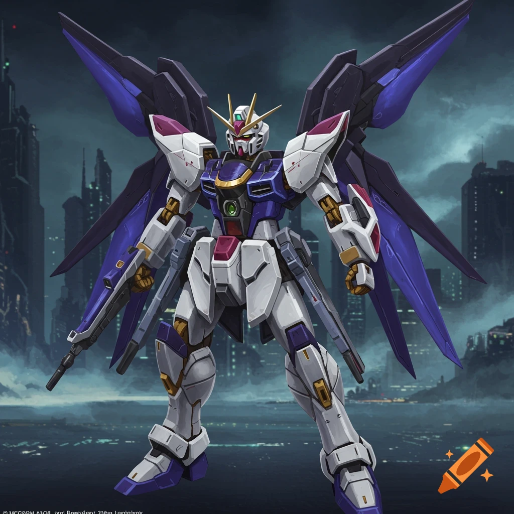 Full view of a white, purple, and gold Gundam robot standing in a city.