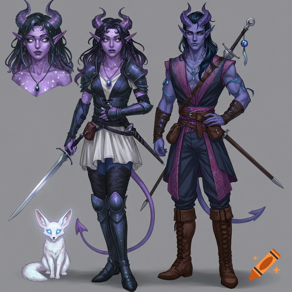 Illustration of two purple-skinned fantasy characters with horns, armor, and weapons, standing beside a white fox.
