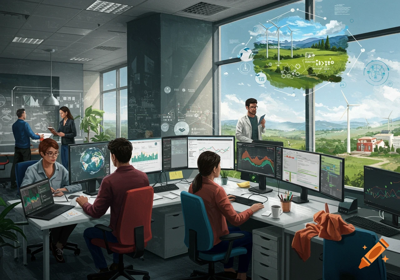 Digital illustration of people working in an office with monitors showing data, overlooking wind turbines and a sustainable landscape.