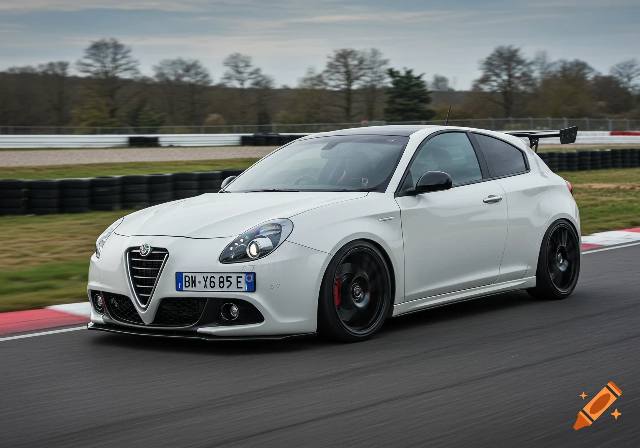 A white Alfa Romeo car driving on a race track