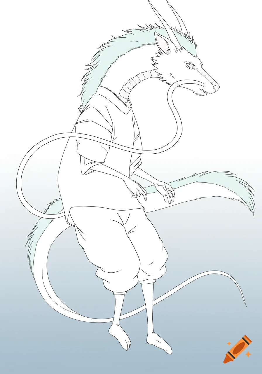 Line drawing of Haku the dragon from Spirited Away standing upright with human arms and legs.