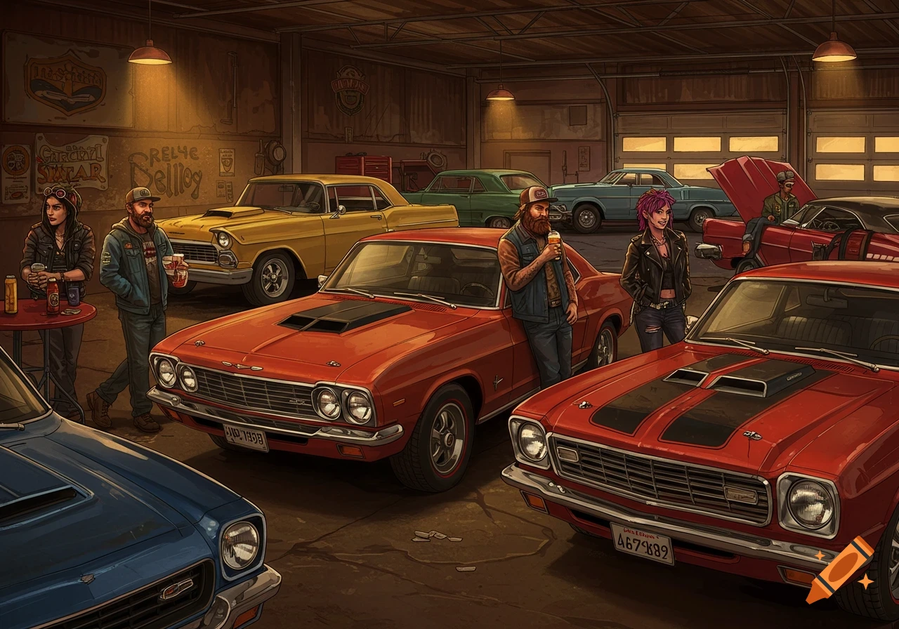 Illustration of people with drinks standing around classic cars in a garage.
