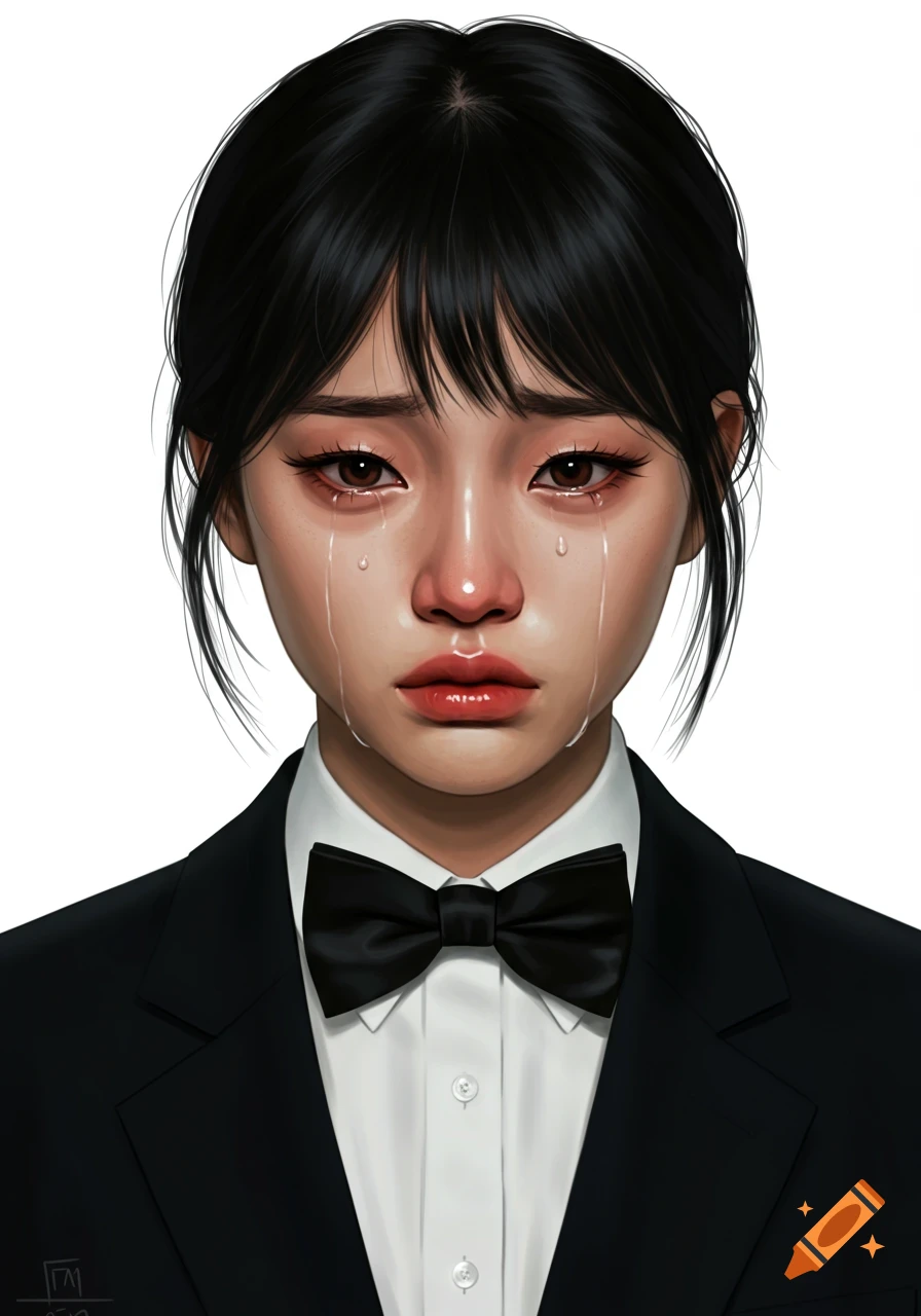 Digital art portrait of a young woman crying while wearing a black suit and bowtie against a white background.