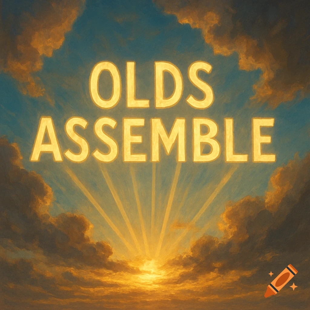 Glowing text "OLDS ASSEMBLE" in a cloudy sky with sun rays
