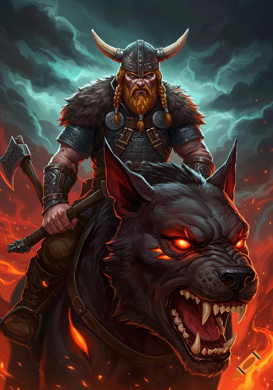 A fantasy illustration of a fierce Viking warrior riding a snarling hellhound through fire and smoke.