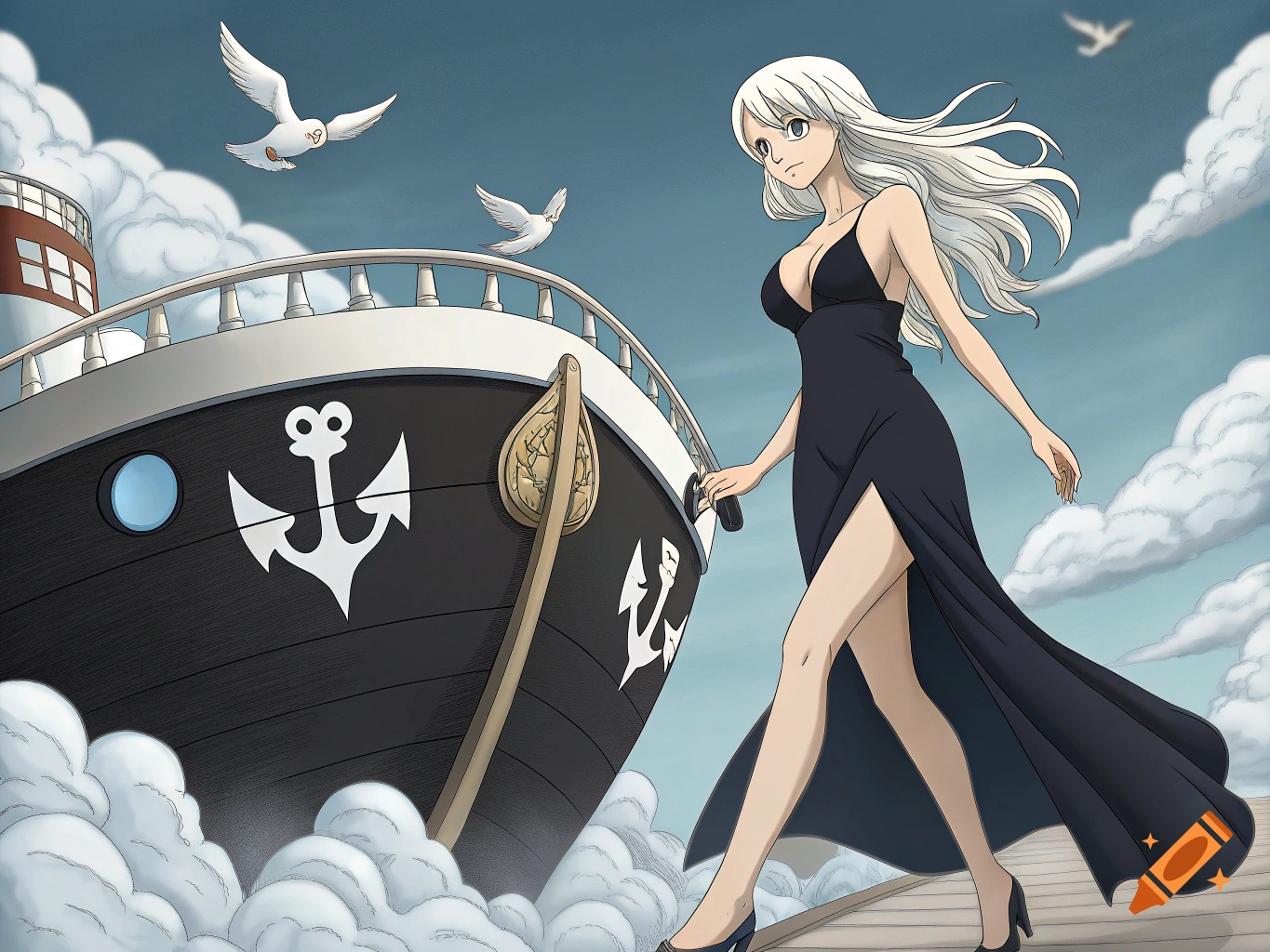 Anime illustration of a white-haired woman in a black dress walking beside a large ship under a cloudy sky