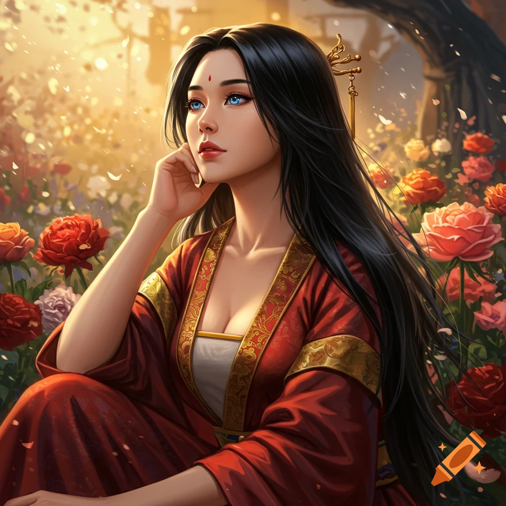 A woman in red traditional East Asian clothing sits among pink and red ...