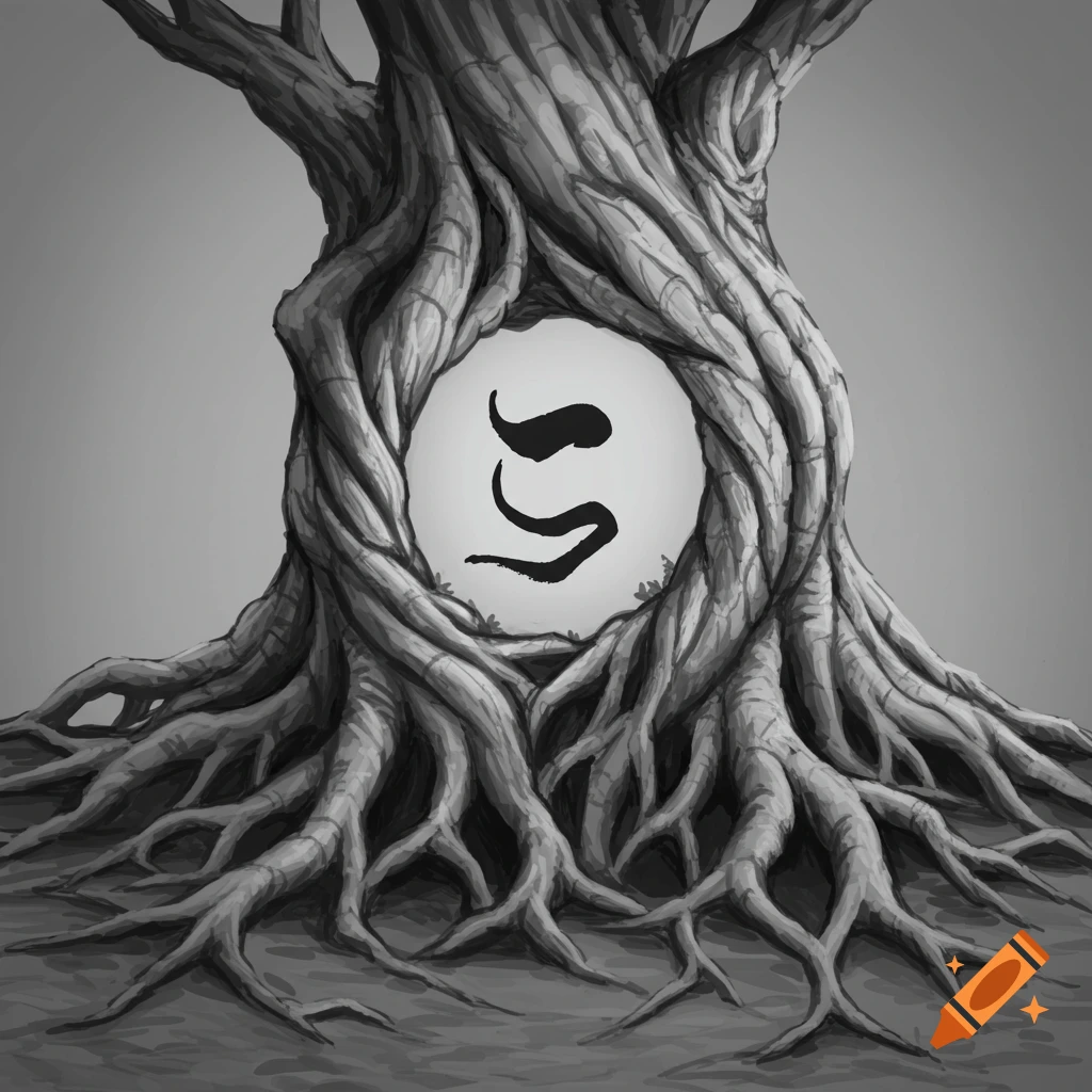 Grayscale illustration of an aged tree and roots surrounding an Enso symbol
