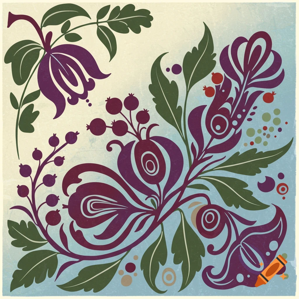 Stylized purple floral design with green leaves and berries on a textured background.