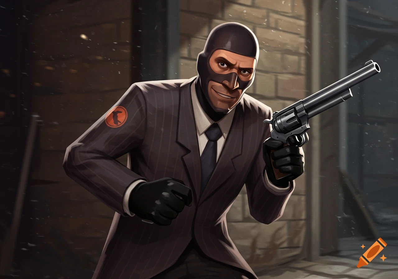 The Spy from Team Fortress 2 holds a revolver.