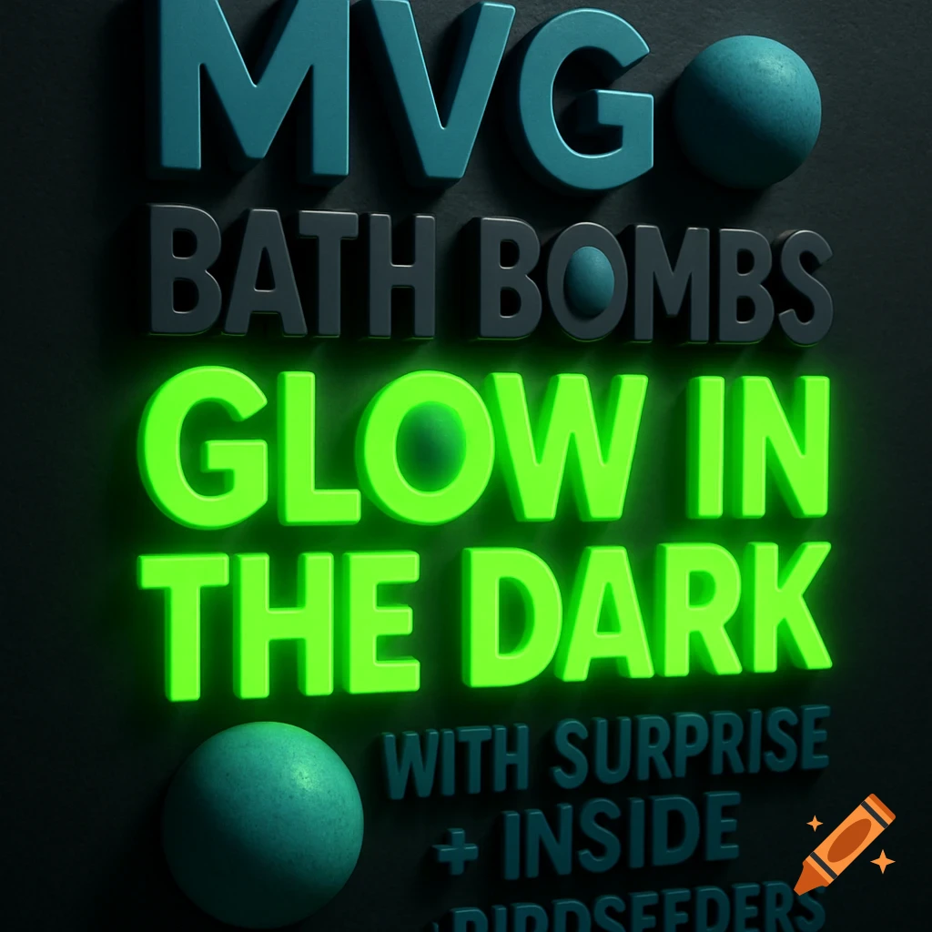 3D text rendering for MVG Bath Bombs that Glow in the Dark, with textured spheres.