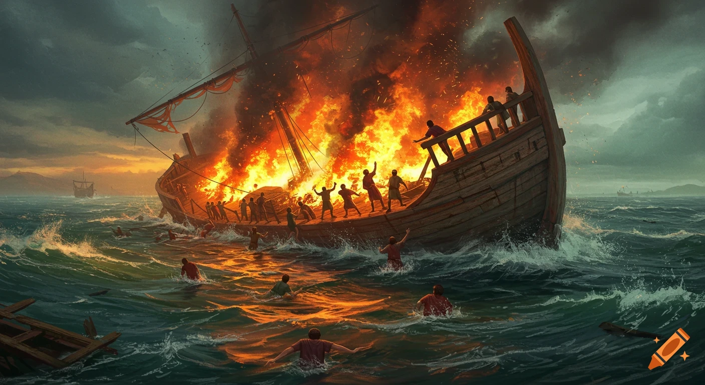 A wooden ship burns and sinks at sea with people jumping into the water during a storm.