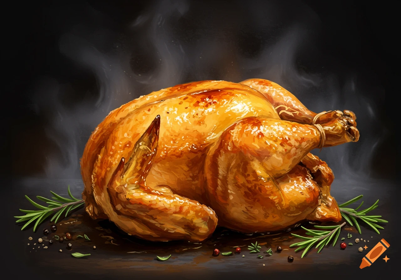 Roasted chicken with herbs and spices on a dark background, digital painting style