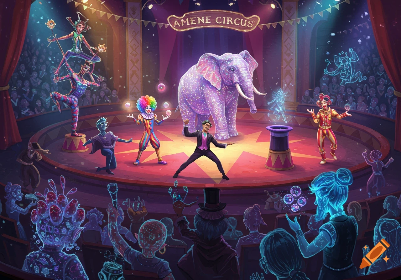 A digital illustration of a vibrant fantasy circus performance with acrobats, clowns, a sparkling elephant, a magician, and a glowing audience.