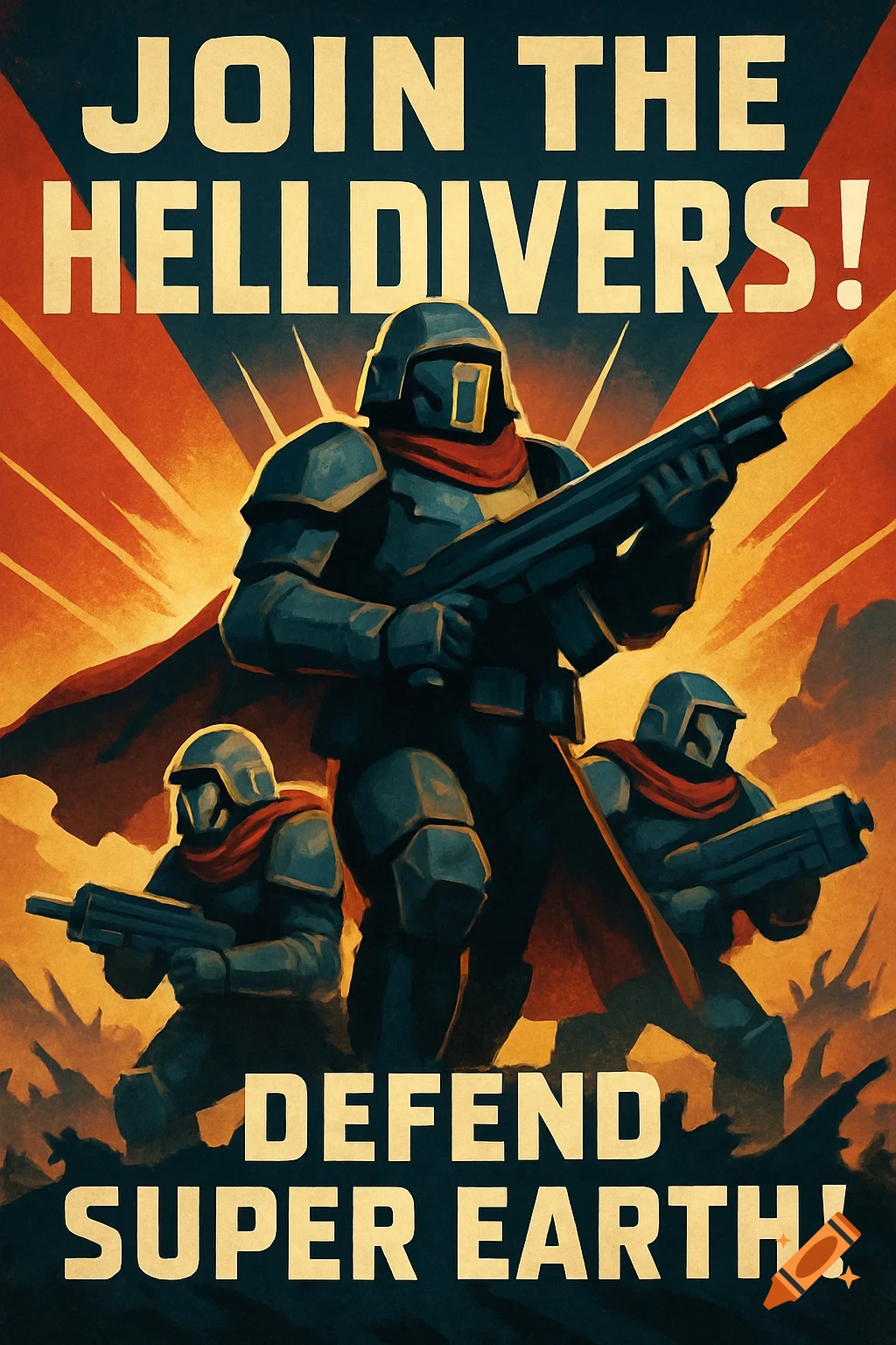 Propaganda poster featuring armored soldiers and text Join the Helldivers! Defend Super Earth!.