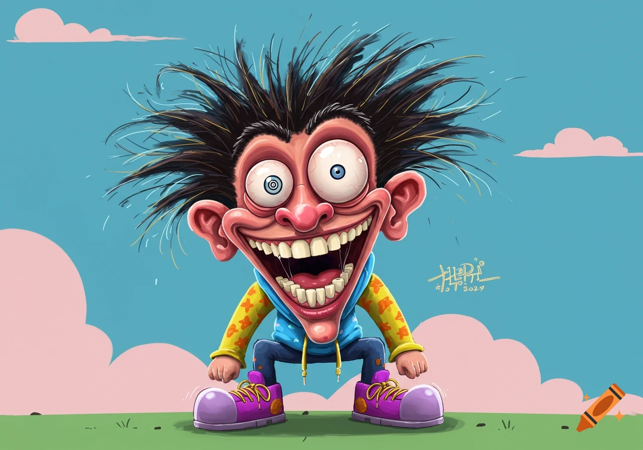 Cartoon illustration of a goofy person with wild hair and exaggerated smile.