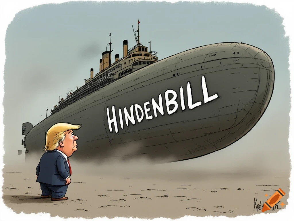Cartoon of a worried Donald Trump looking at a large dirigible labeled HINDENBILL.