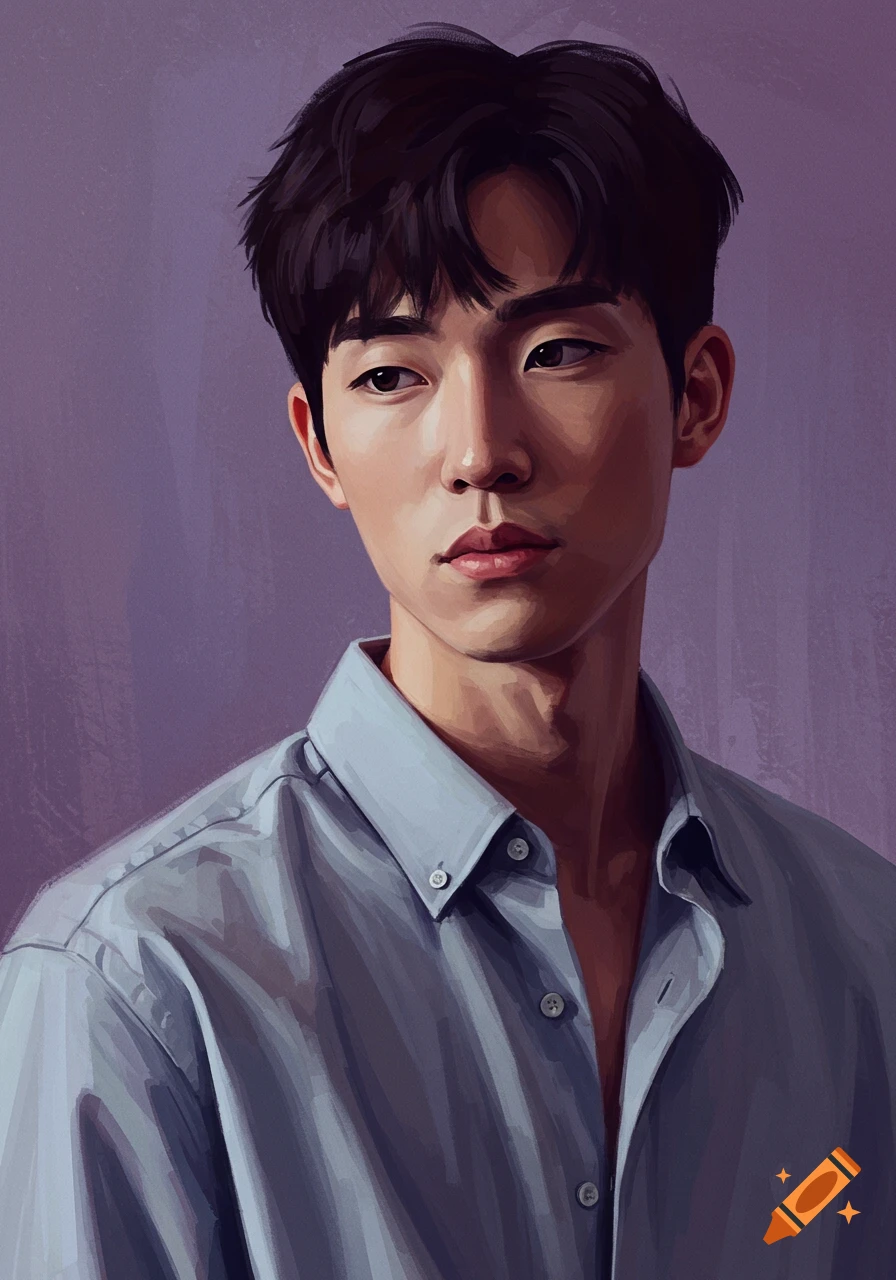 A painted portrait of a young man in a blue shirt.
