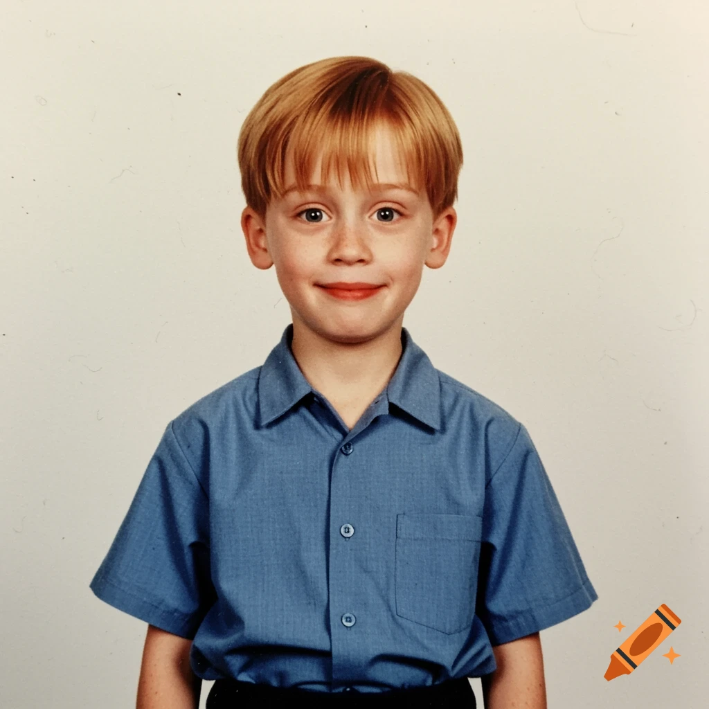 Portrait of young boy resembling Kevin from Home Alone in a blue shirt
