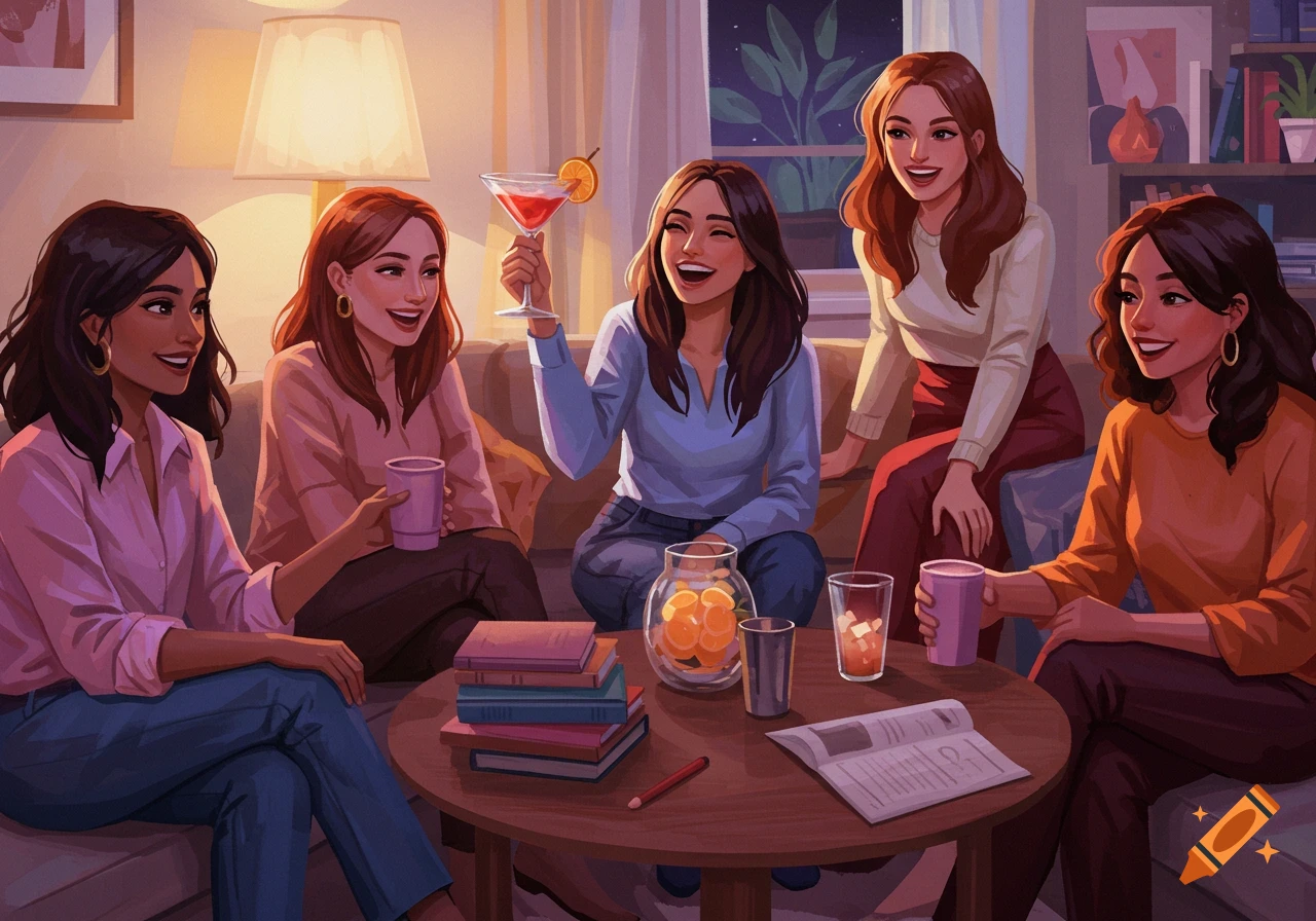 Illustration of five women smiling and talking around a table with drinks and books.