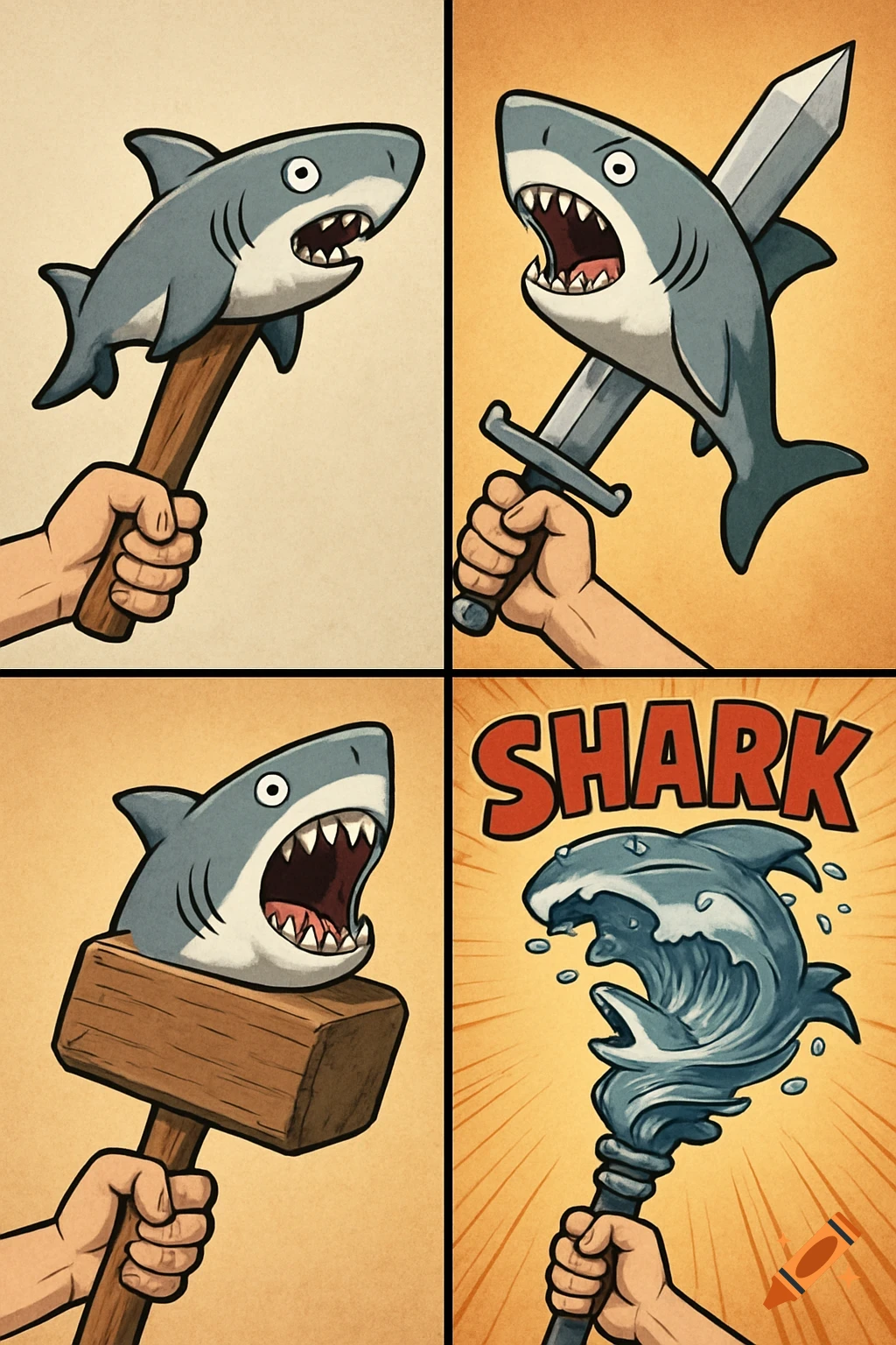 Four-panel comic illustration of hands holding shark-themed weapons, from a club and sword to a mallet and a staff with a water shark and 'SHARK' text.