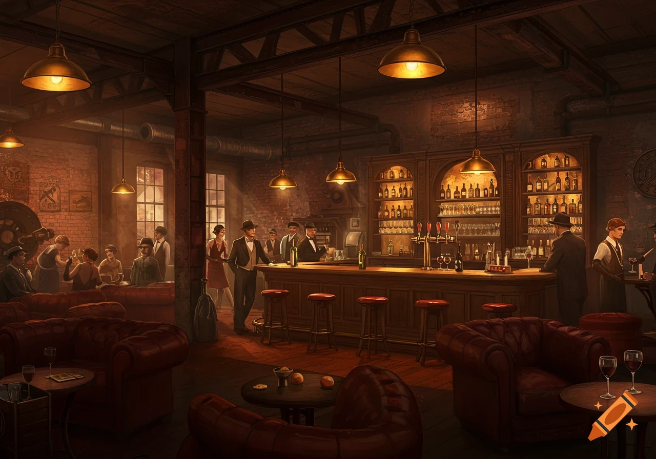 An atmospheric illustration of a 1920s speakeasy bar with people.