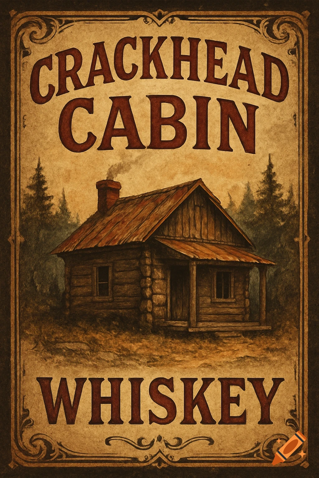 Vintage style label for Crackhead Cabin Whiskey featuring a rustic cabin.