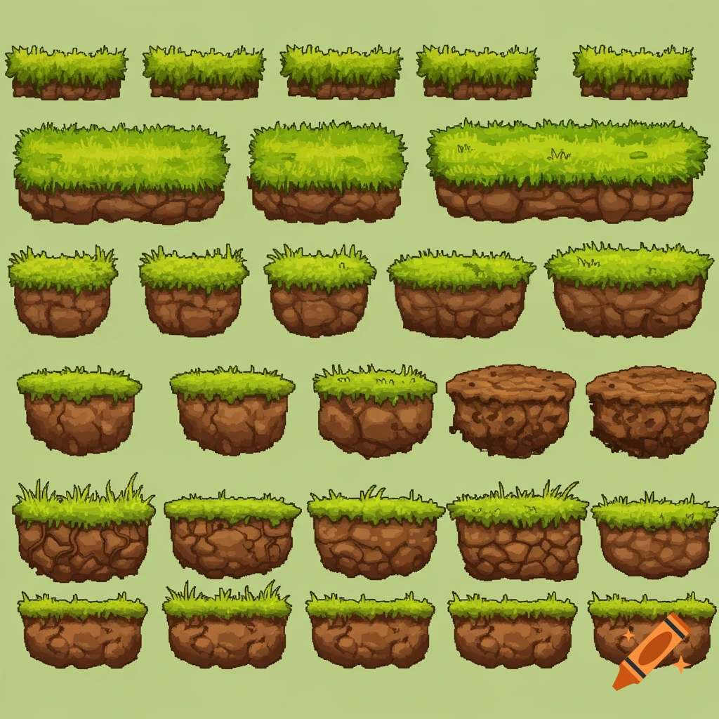 Pixel art sprites of grass and dirt terrain pieces for a platformer game.