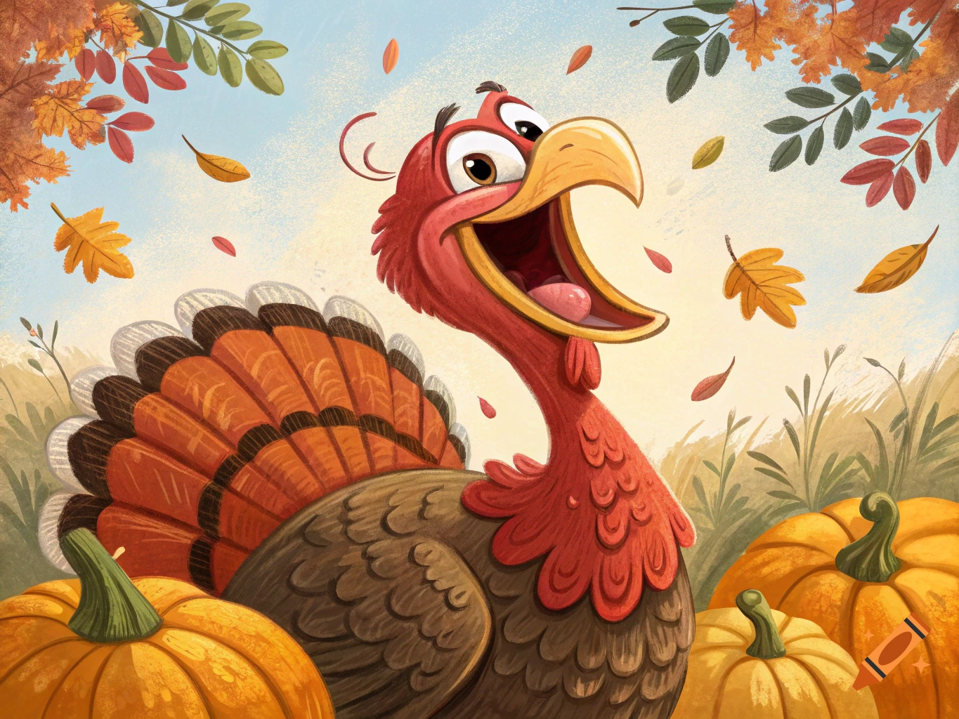 A cartoon turkey stands among pumpkins and falling autumn leaves.