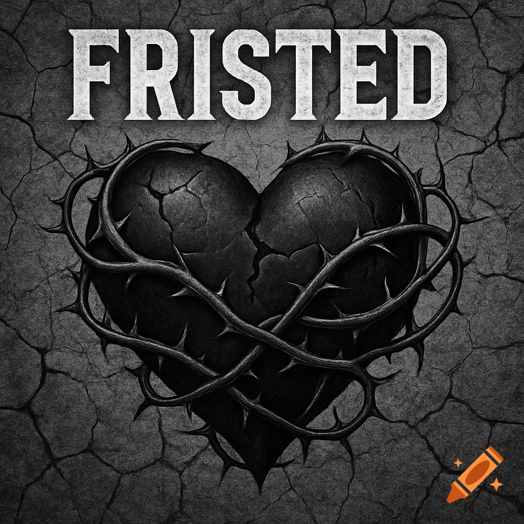 A cracked black heart wrapped in dark thorny vines against a cracked stone background, with the word "FRISTED" above, in a dark, symbolic style.