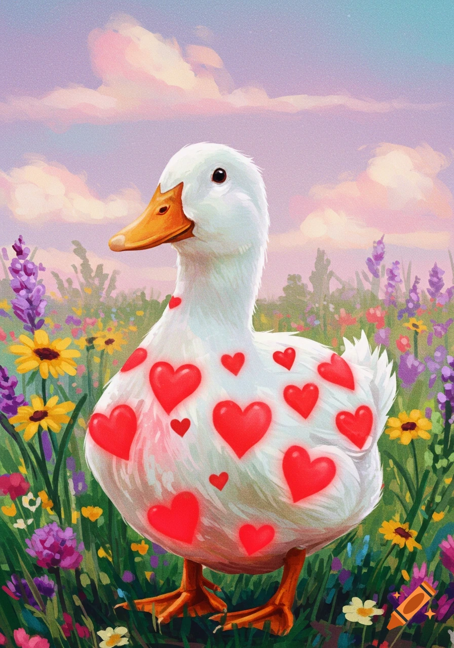 A digital painting of a white duck covered in red hearts standing in a field of colorful flowers.