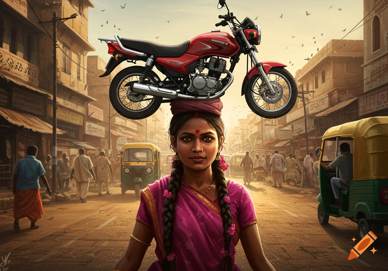 Indian woman balancing a red motorcycle on her head in a busy street market with rickshaws and pedestrians.