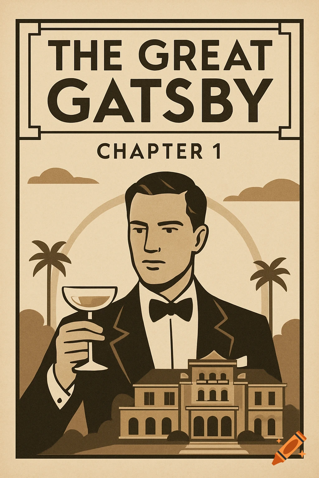 Art deco poster for The Great Gatsby Chapter 1 featuring a man in a tuxedo, palm trees, and a mansion.