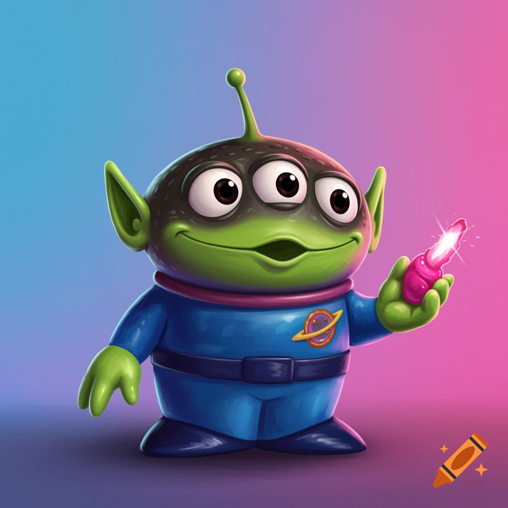 A cartoon three-eyed alien from Toy Story in a blue suit holds a glowing pink object.