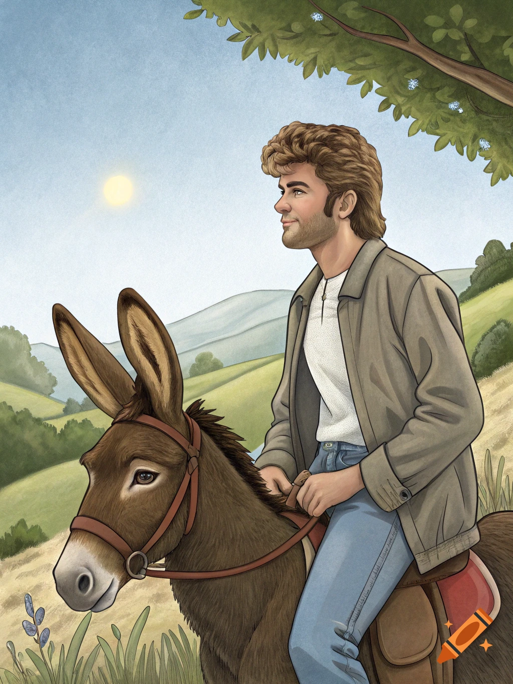 Illustration of a man resembling George Michael riding a donkey through a hilly landscape.