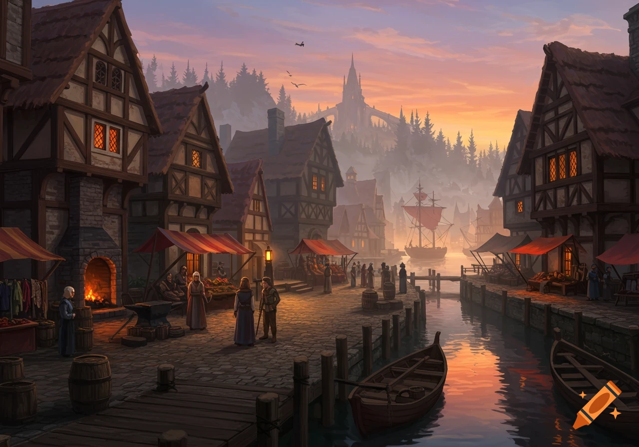 A medieval port town at twilight with a bustling market, timber buildings, boats, and a misty castle in the background.