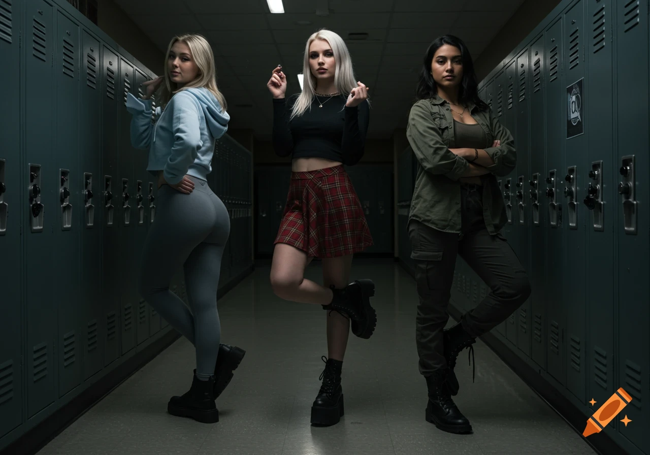 Three teenage girls in a dimly lit school hallway. Left in leggings, center in skirt and crop top, right in cargo pants and jacket. Photorealistic style.